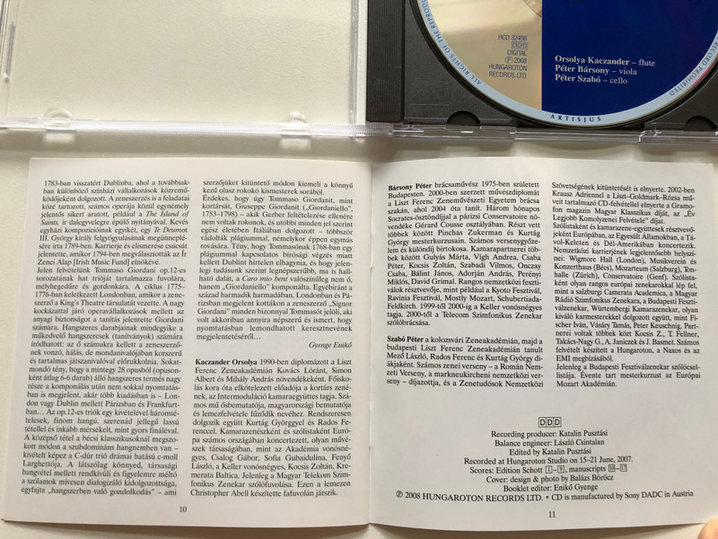 Tommaso Giordani - 6 Trios For German Flute, viola and cello op. 12 / Orsolya Kaczander, Peter Barsony, Peter Szabo / Hungaroton Classic Audio CD 2008 Stereo / HCD 32498