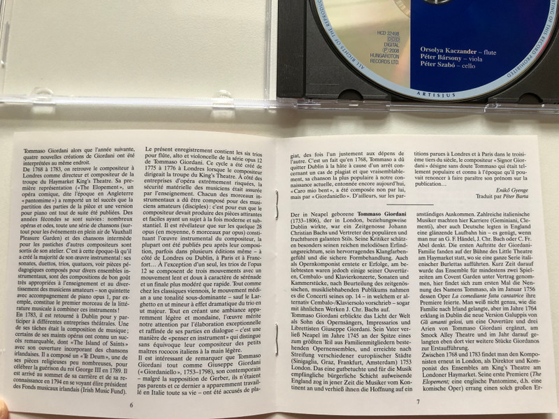 Tommaso Giordani - 6 Trios For German Flute, viola and cello op. 12 / Orsolya Kaczander, Peter Barsony, Peter Szabo / Hungaroton Classic Audio CD 2008 Stereo / HCD 32498