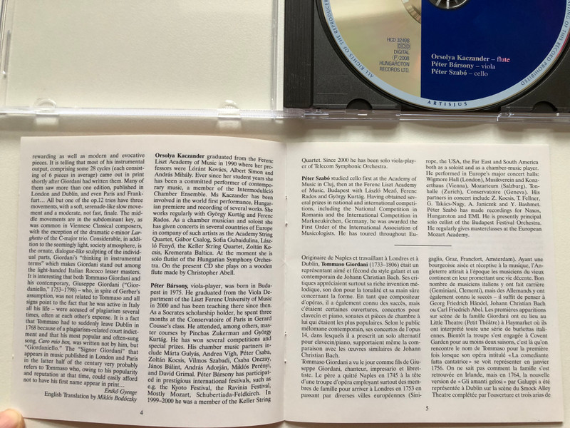 Tommaso Giordani - 6 Trios For German Flute, viola and cello op. 12 / Orsolya Kaczander, Peter Barsony, Peter Szabo / Hungaroton Classic Audio CD 2008 Stereo / HCD 32498