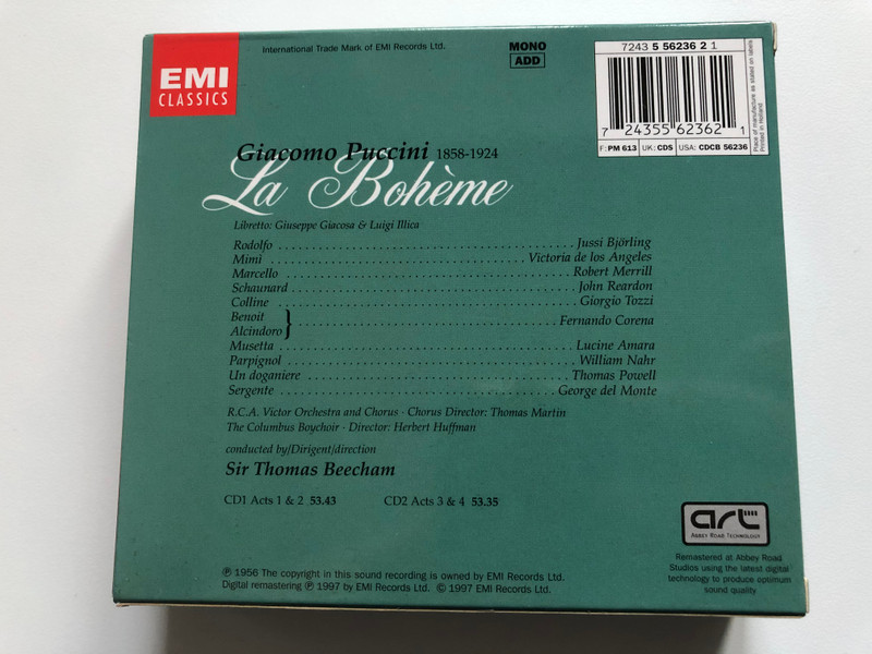 Puccini - La Bohème / Victoria De Los Angeles, Jussi Björling, Sir Thomas Beecham / EMI 1897-1997 100 Years Of Great Music / EMI Classics 2x Audio CD 1997 Mono / 724355623621