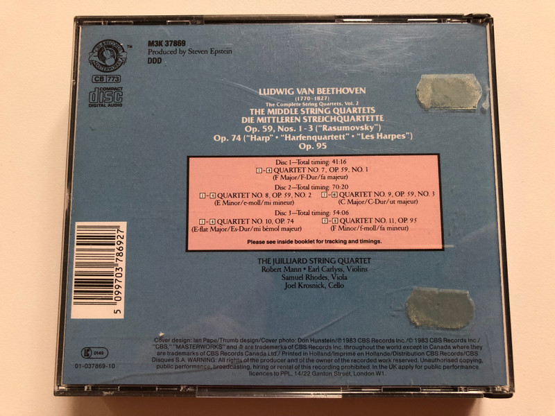 Beethoven - The Complete String Quartets Volume 2: The Middle String Quartets, Die Mittleren Streichquartette Op. 59, Op. 74 & Op. 95. - Juilliard String Quartet / CBS Masterworks 3x Audio CD / M3K 37869