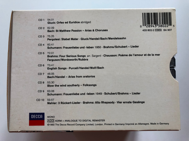 Kathleen Ferrier – Edition / Bach, Brahms, Chausson, Gluck, Handel, Mahler, Pergolesi, Schubert, Schumann, Folksongs / Decca 10x Audio CD 1992 / 475 6060