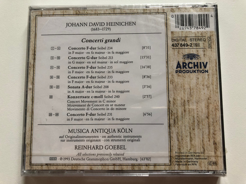 Heinichen - Concerti Grandi / Musica Antiqua Köln, Reinhard Goebel / Archiv Produktion Audio CD 1993 Stereo / 437 849-2