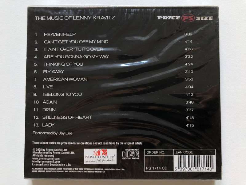 The Music Of Lenny / Heaven Help, Can't Get You Off My Mind, It Ain't Over 'Til It's Over, Are You Gonna Go My Way, Lady / The Hits Re-Loaded Performed by Jay Lee / Price Size Audio CD 2005 / PS 1714 CD