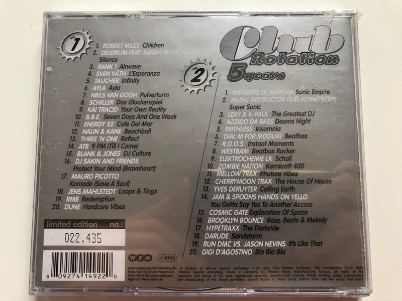 Club Rotation - 5 Years - Die groBten Dance-Hits aller Zeiten! / Presented by Daisy Dee / Warner Special Marketing 2x Audio CD 2001 / 0927-41492-2