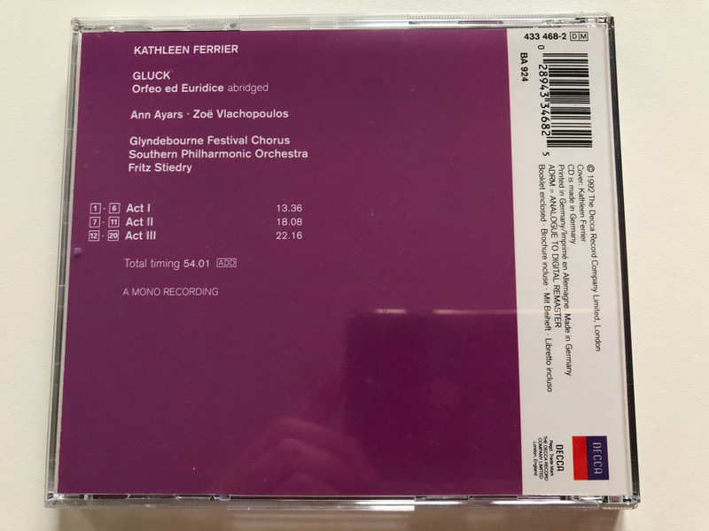 Kathleen Ferrier – Gluck: Orfeo Ed Euridice / Decca Audio CD 1992 / 433 468-2