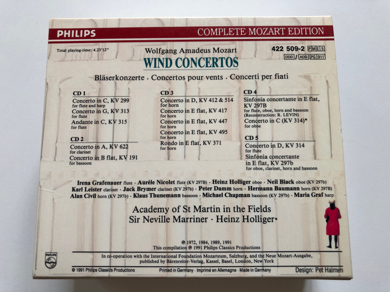 Mozart – Wind Concertos / Blaserkonzerte, Concertos pour vents, Concerti per fiati / Complete Mozart Edition / Philips 5x Audio CD 1991 / 422 509-2