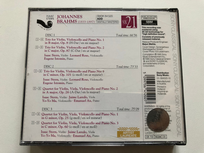 Brahms - Piano Trios Nos. 1, 2 & 3; Piano Quartets Nos. 1, 2 & 3 - Isaac Stern, Jaime Laredo, Eugene Istomin, Emanuel Ax, Leonard Rose, Yo-Yo Ma / Isaac Stern A Life In Music / Sony Classical 3x Audio CD 1995 / SM3K 64 520