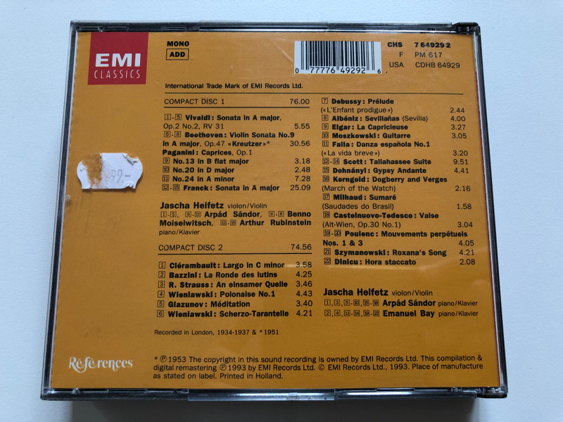 Jascha Heifetz - Recital - Benno Moiseiwitsch, Arthur Rubinstein, Arpad Sandor, Emanuel Bay / Références / EMI Classics 2x Audio CD 1993 Mono / CHS 7649292