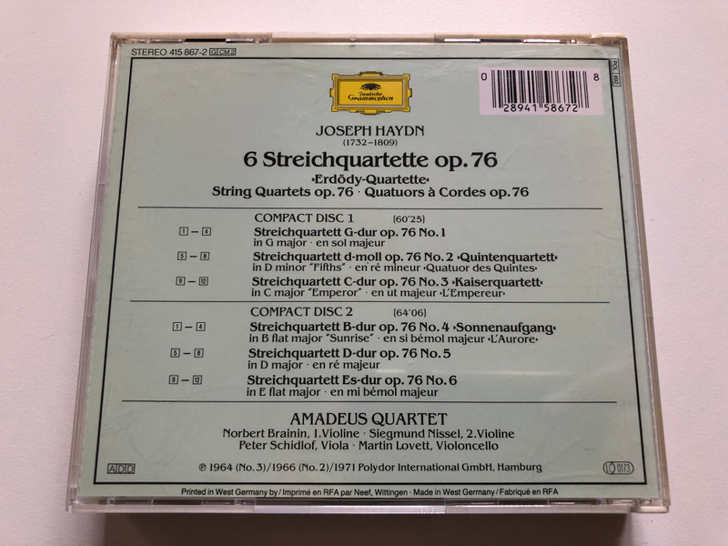 Joseph Haydn - 6 Streichquartette Op. 76 = String Quartets = Quatuors A Cordes - Amadeus-Quartett / Deutsche Grammophon 2x Audio CD Stereo / 415 867-2