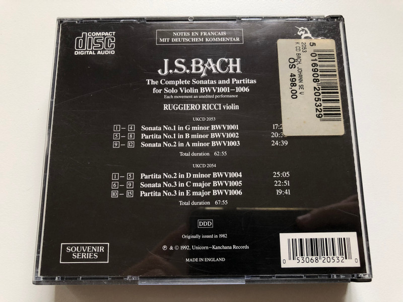 J. S. Bach - The Complete Sonatas and Partitas For Solo Violin BWV 1001-1006 - Ruggiero Ricci / Unicorn-Kanchana 2x Audio CD 1992 / UKCD2053/4