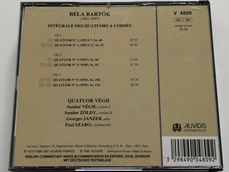 Bela Bartók - Integrale Des Quatuors A Cordes = Complete String Quartets - Quatuor Végh / Valois 3x Audio CD 1997 / V 4809