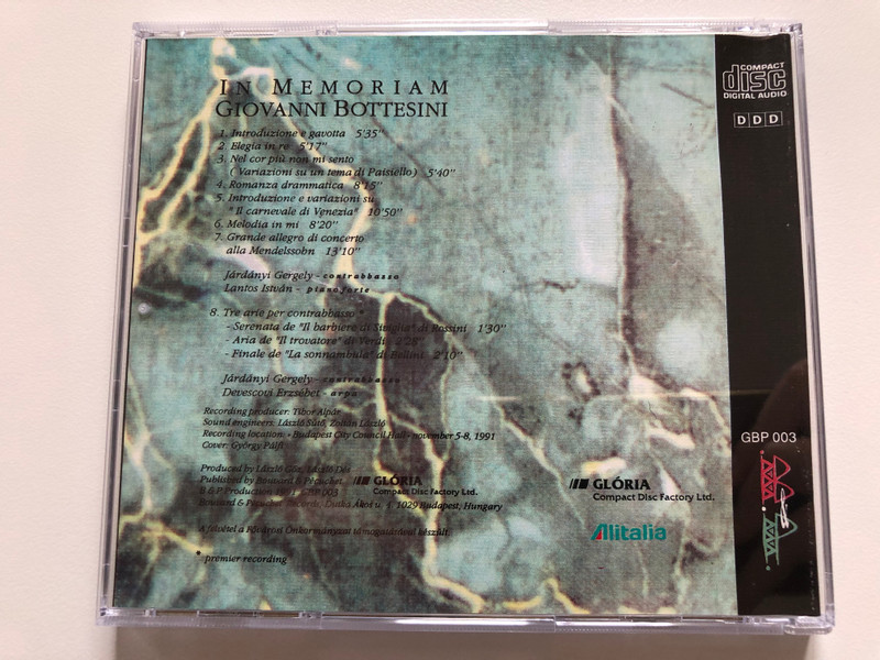 In Memoriam - Giovanni Bottesini / Gergely Járdányi (contrabasso), István Lantos (pianoforte), Elisabetta Devescovi (arpa) / Bouvard & Pécuchet Records Audio CD 1992 Stereo / GBP 003