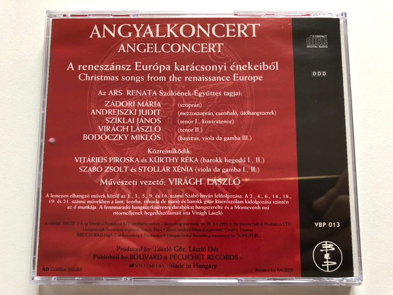 Angyalkoncert - Az Ars Renata Szólóénekegyüttes es Zádori Mária, Karacsonyi Hangversenye / VTCD Media Audio CD 1993 / VBP 013