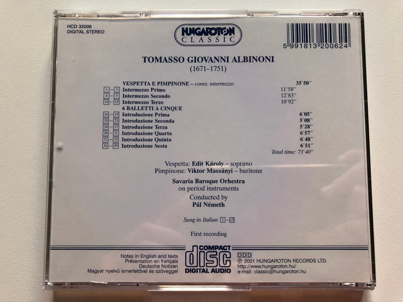 Albinoni: Vespetta e Pimpinone - comic intermezzo, 6 Balletti A a cinque / Edit Karoly, Viktor Massanyi, Savaria Baroque Orchestra, Pal Nemeth / Hungaroton Classic Audio CD 2001 Stereo / HCD 32006 