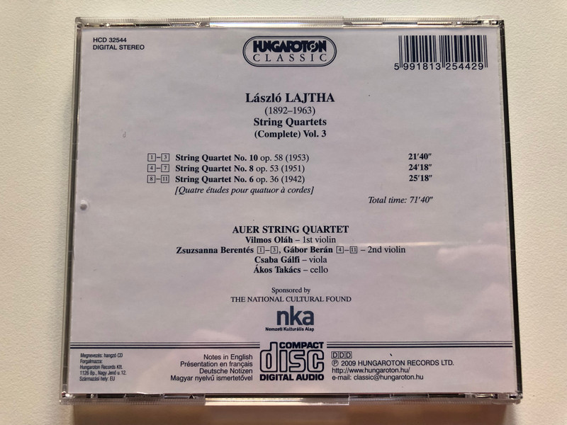 Laszlo Lajtha - String Quartets (complete) Vol. 3 Nos. 6, 8, 10 / Auer String Quartet / Hungaroton Classic Audio CD 2009 Stereo / HCD 32544
