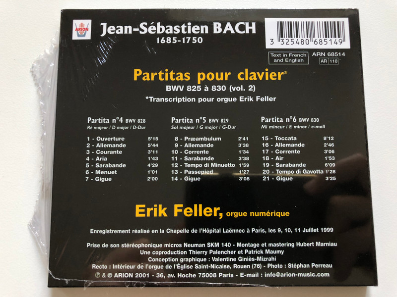 J. S. Bach - Partitas pour clavier, Integrale, vol. 2 / Erik Feller, orgue / Premiere Moniale / Arion Audio CD 2001 / ARN 68514 