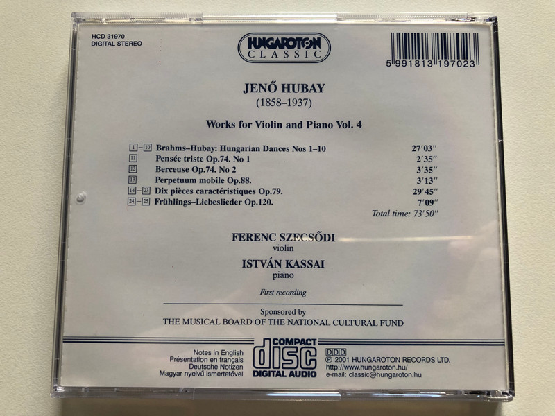 Jenő Hubay - Works for Violin and Piano Vol. 4 / Dix Pieces Caracteristiques Op. 79, Perpetuum Mobile Op. 88, Brahms-Hubay: Hungarian Dances Nos 1-10 / Ferenc Szecsodi (violin) / Hungaroton Classic Audio CD 2001 Stereo / HCD 31970