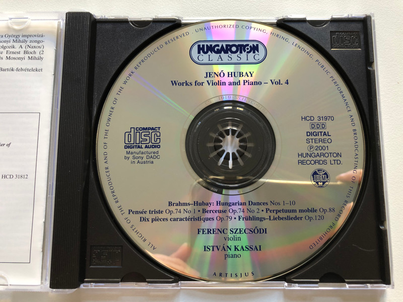 Jenő Hubay - Works for Violin and Piano Vol. 4 / Dix Pieces Caracteristiques Op. 79, Perpetuum Mobile Op. 88, Brahms-Hubay: Hungarian Dances Nos 1-10 / Ferenc Szecsodi (violin) / Hungaroton Classic Audio CD 2001 Stereo / HCD 31970