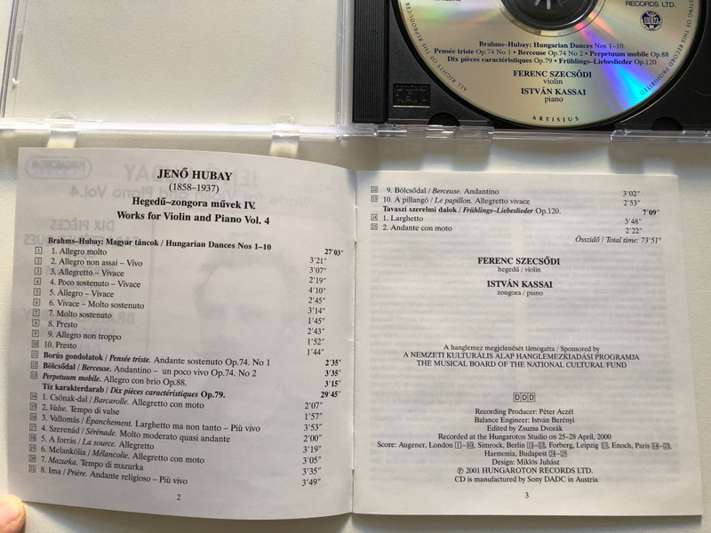 Jenő Hubay - Works for Violin and Piano Vol. 4 / Dix Pieces Caracteristiques Op. 79, Perpetuum Mobile Op. 88, Brahms-Hubay: Hungarian Dances Nos 1-10 / Ferenc Szecsodi (violin) / Hungaroton Classic Audio CD 2001 Stereo / HCD 31970