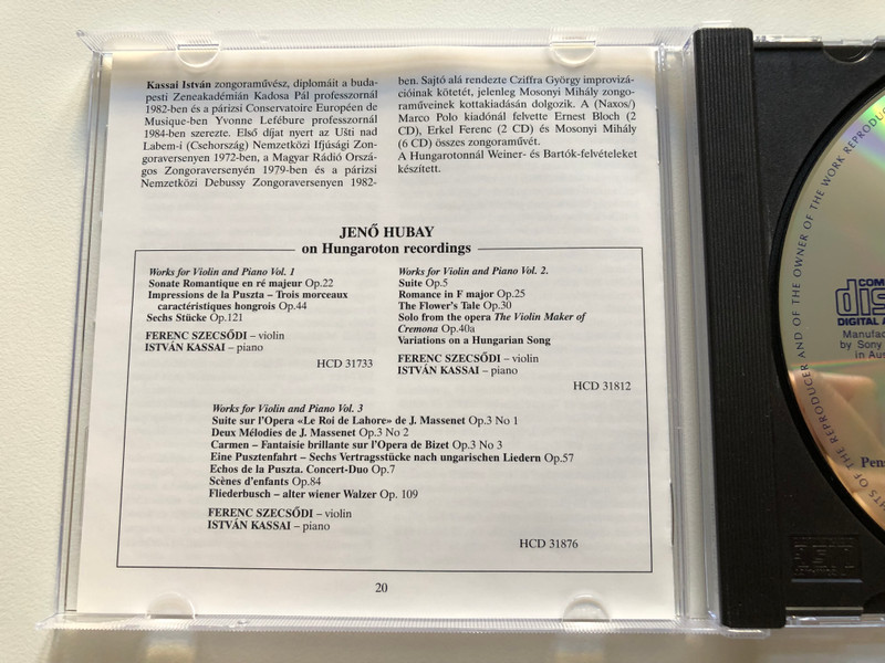 Jenő Hubay - Works for Violin and Piano Vol. 4 / Dix Pieces Caracteristiques Op. 79, Perpetuum Mobile Op. 88, Brahms-Hubay: Hungarian Dances Nos 1-10 / Ferenc Szecsodi (violin) / Hungaroton Classic Audio CD 2001 Stereo / HCD 31970