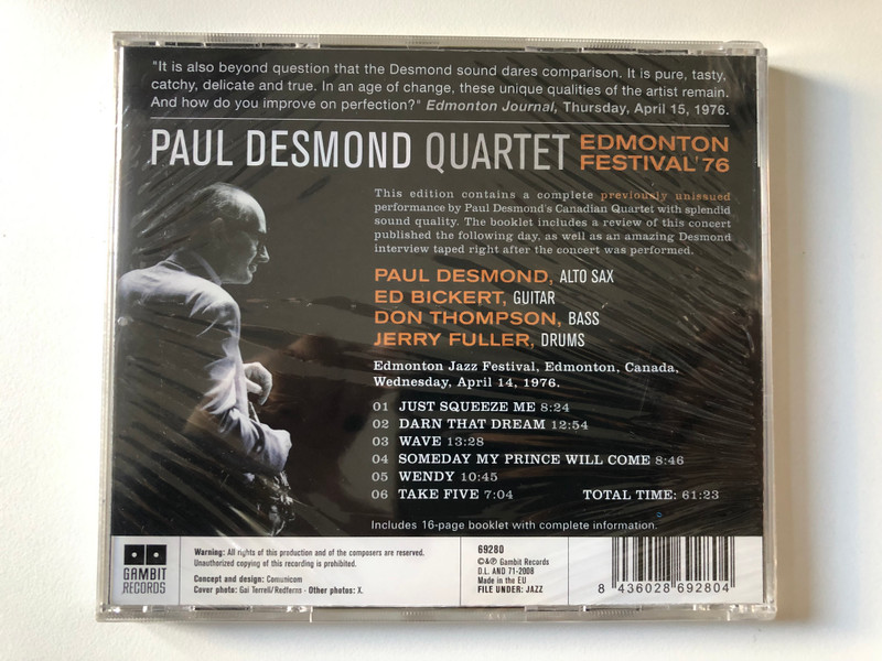 Paul Desmond Quartet – Edmonton Festival '76 / Gambit Records Audio CD 2008 / 69280
