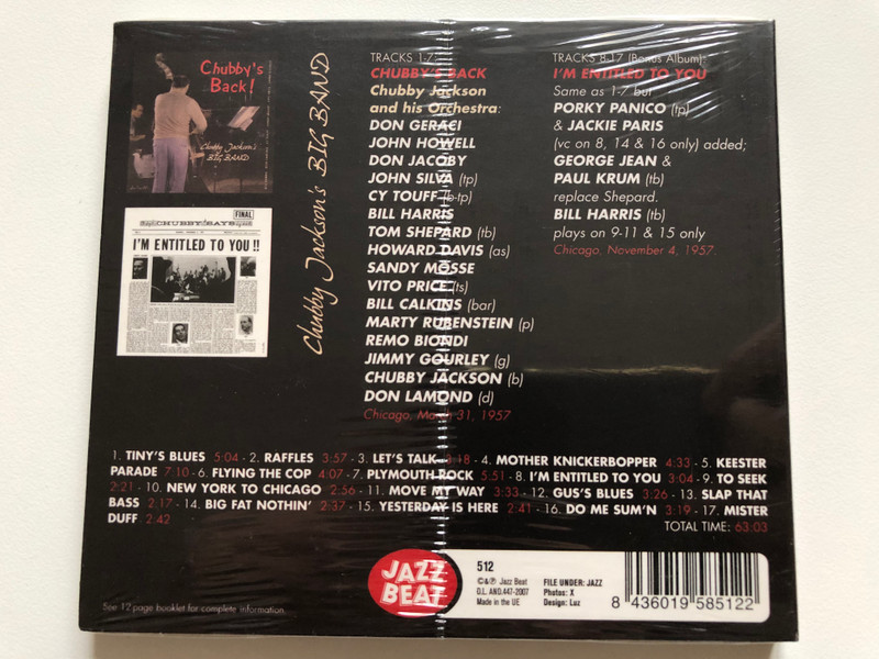 Chubby's Back! - Chubby Jackson's Big Band / Bill Harris, Don Lamond, Cy Touff, Sandy Mosse, Vito Price, Jimmy Gourley / Jazz Beat Audio CD 2007 / 512