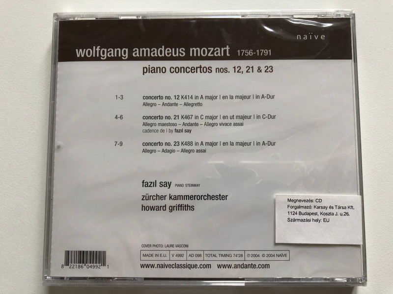 Fazıl Say - Mozart - Piano Concertos Nos. 12, 21, 23 / Zürich Chamber Orchester, Howard Griffiths / Naïve Audio CD 2004 / V 4992