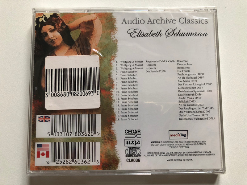 Elisabeth Schumann - Soprano - Performs Mozart (including Requiem in D-M KV626) & Schubert (including Ave Maria D839 & Die Forelle D550) - Rare Recordings From 1934 / Audio Archive Classics Audio CD / CLA036