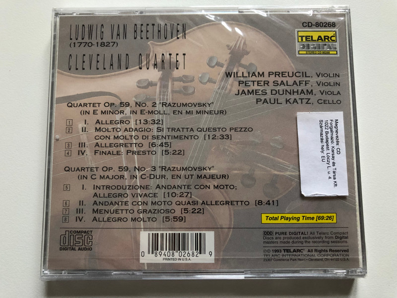 Beethoven - String Quartets, Op. 59, No. 2, in E minor And No. 3, in C major 'Razumovskys' - Cleveland Quartet / Telarc Audio CD 1993 / CD-80268