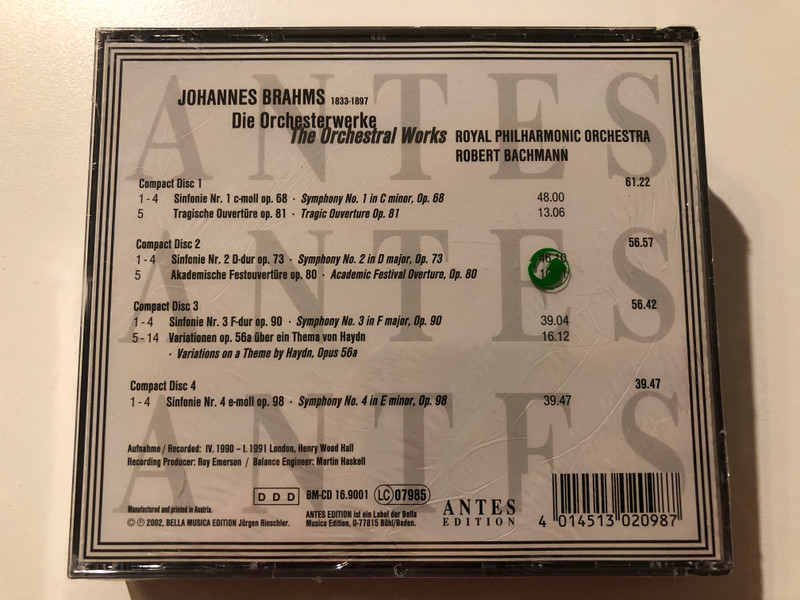 Johannes Brahms - The Orchestral Works / Royal Philharmonic Orchestra, Robert Bachmann / Antes Edition / Bella Musica Edition 4x Audio CD 2002 / BM-CD 16.9001