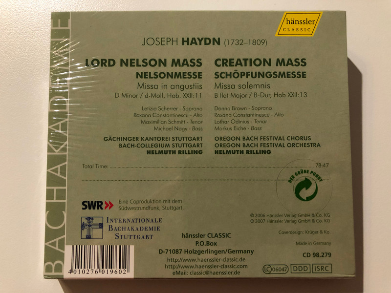 Joseph Haydn - Lord Nelson Mass, Creation Mass / Gächinger Kantorei Stuttgart, Bach-Collegium Stuttgart, Oregon Bach Festival Chorus, Oregon Bach Festival Orchestra, Helmuth Rilling / Hänssler Classic Audio CD 2007 / CD 98.279