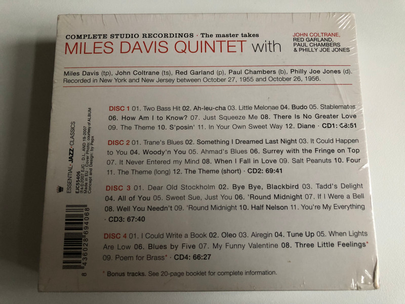 Complete Studio Recordings: Miles Davis Quintet With John Coltrane, Red Garland, Paul Chambers & "Philly" Joe Jones / Selected As One Of The 100 Best Jazz Albums Of All Time / Essential Jazz Classics 4x Audio CD 2007 / EJC55406