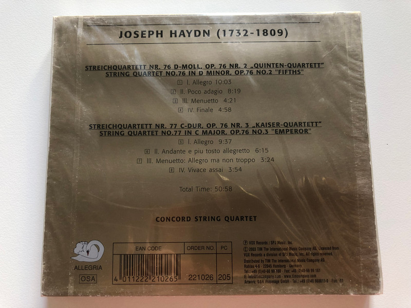 Haydn - Streichquartett Nr. 76 D-Moll, Op. 76 Nr. 2 "Quinten-Quartett" - Streichquartett Nr. 77 C-Dur, Op. 76 Nr. 3 "Kaiser-Quartett" - Concord String Quartet / Allegria Audio CD 2003 / 221026-205