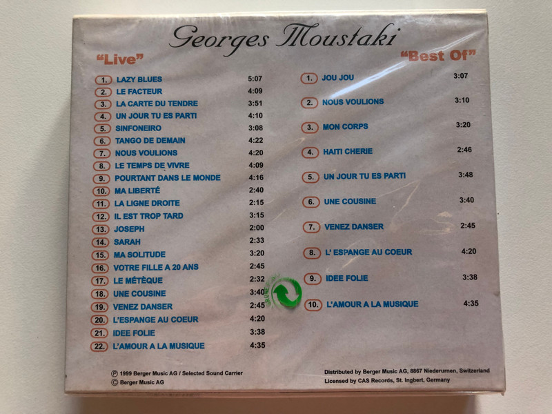 Georges Moustaki - Le Meteque, Nous Voullons, Le Temps De Vivre, Ma Liberte, Ma Solitude, La Marche De Sacco Et Vanzetti, and many more! / ''Best Of'' / Berger Music 2x Audio CD 1999 / 5775