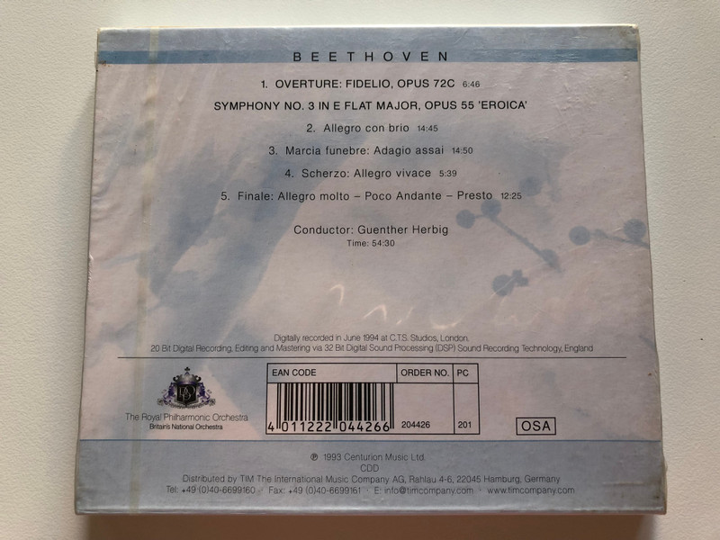 Beethoven - Overture: Fidelio, Opus 72c, Symphony No. 3 In E Flat Major, Opus 55 'Eroica' / The Royal Philharmonic Orchestra, Conductor: Guenther Herbig / RPO Records Audio CD 1993 / 204426-201