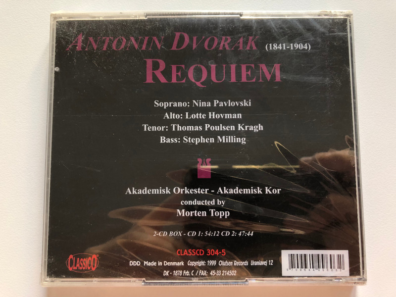 Antonín Dvořák - Requiem / Nina Pavlovski, Lotte Hovman, Thomas Poulsen Kragh, Stephen Milling / Akademisk Orkester, Akademisk Kor, Morten Topp / Classico 2x Audio CD 1999 / CLASSCD 304-5