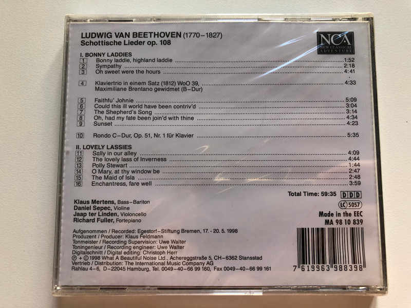Ludwig Van Beethoven - Schottische Lieder op. 108 - Klaviertrio in einem Satz, WoO 39, Rondo C-dur, op. 51 Nr. 1 / Klaus Mertens - bariton, Daniel Sepec - violine, Jaap ter Linden / New Classical Adventure Audio CD 1998 / MA 98 10 839 