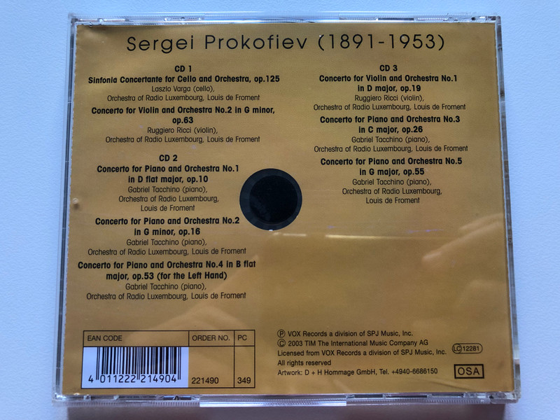 Sergei Prokofiev - The Concertos - Laszlo Varga, Ruggiero Ricci, Gabriel Tacchino / VOX Records 3x Audio CD 2003 / 221490-349