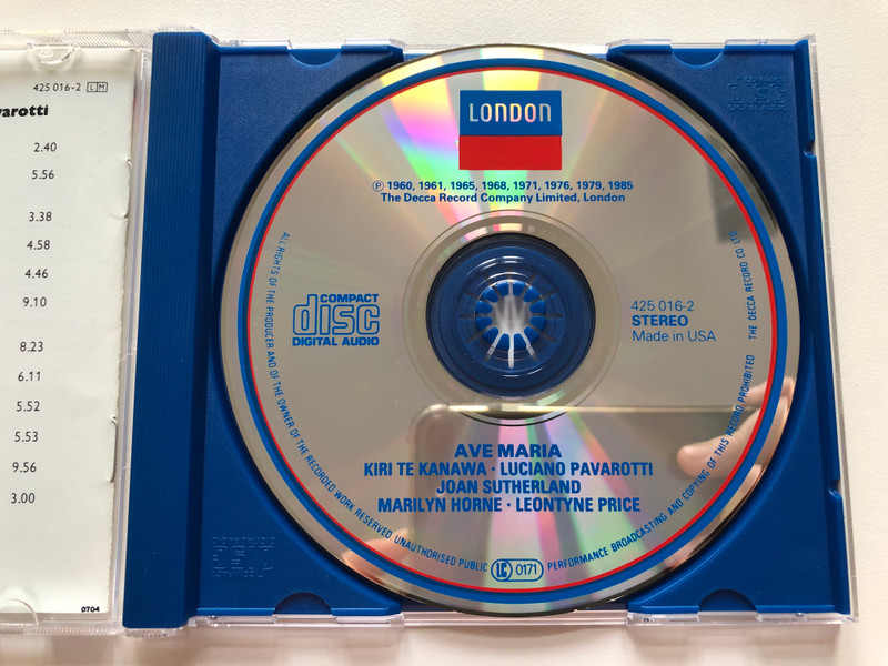 Ave Maria - Sacred Arias - Kiri Te Kanawa, Joan Sutherland, Luciano Pavarotti, Leontyne Price, Marilyn Horne / Decca Jubilee / Decca Audio CD 1990 Stereo / 425 016-2