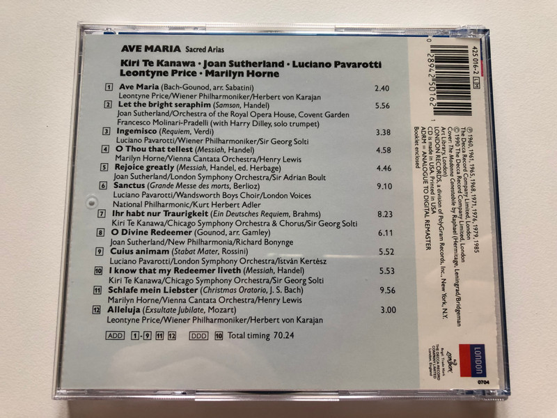 Ave Maria - Sacred Arias - Kiri Te Kanawa, Joan Sutherland, Luciano Pavarotti, Leontyne Price, Marilyn Horne / Decca Jubilee / Decca Audio CD 1990 Stereo / 425 016-2