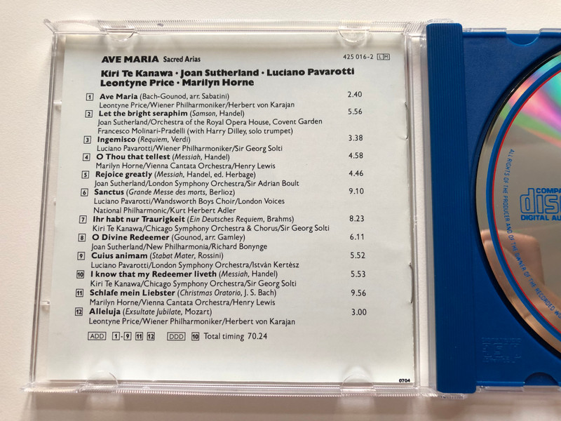 Ave Maria - Sacred Arias - Kiri Te Kanawa, Joan Sutherland, Luciano Pavarotti, Leontyne Price, Marilyn Horne / Decca Jubilee / Decca Audio CD 1990 Stereo / 425 016-2