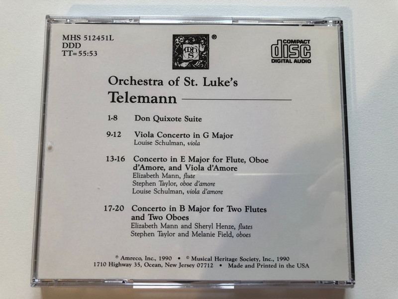 Orchestra Of St. Luke's – Telemann / Don Quixote Suite, Viola Concerto, Concerto for Two Flutes and Two Oboes, Concerto for Flute, Oboe d'Amore, and Viola d'Amore / Musical Heritage Society Audio CD 1990 / MHS 512451L