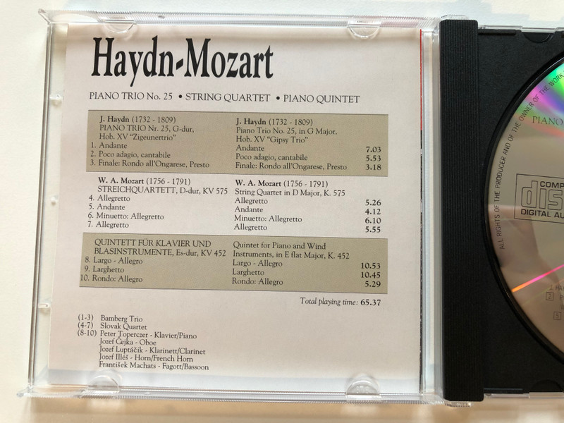 Haydn, Mozart - Piano Trio no. 25 - String Quartet - Piano Quintet / Bamberg Trio , Slovak Quartet , Peter Toperczer (piano), Jozef Čejka (oboe), Jozef Luptáčik (clarinet), Jozef Illéš (horn) / Point Classics Audio CD 1996 / 2672482