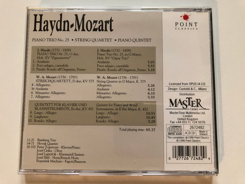 Haydn, Mozart - Piano Trio no. 25 - String Quartet - Piano Quintet / Bamberg Trio , Slovak Quartet , Peter Toperczer (piano), Jozef Čejka (oboe), Jozef Luptáčik (clarinet), Jozef Illéš (horn) / Point Classics Audio CD 1996 / 2672482
