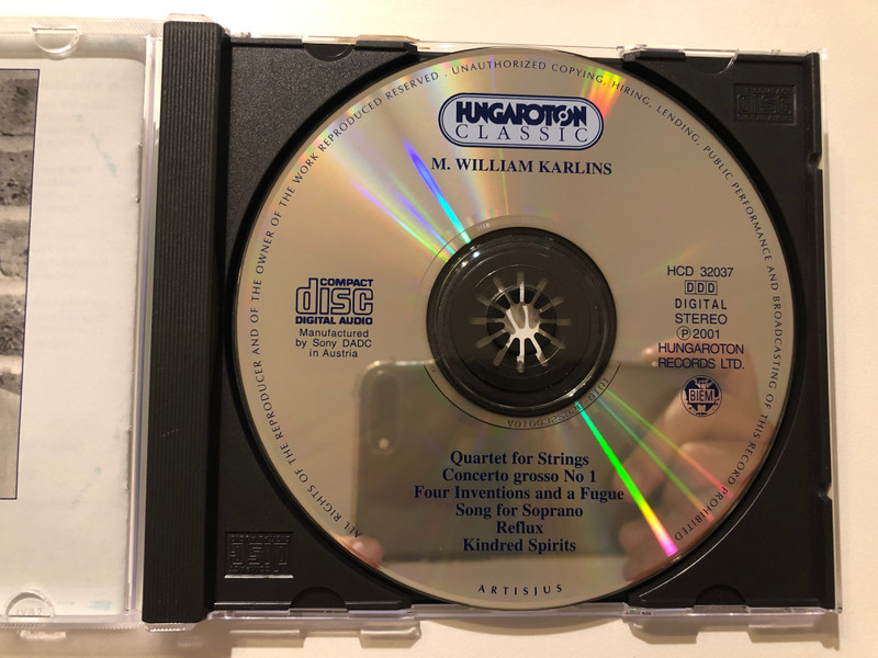 M. William Karlins - Quartet for Strings, Concerto Grosso No 1, Four Inventions and a Fugue, Song for Soprano, Reflux, Kindred Spirits / Hungaroton Classic Audio CD 2001 Stereo / HCD 32037