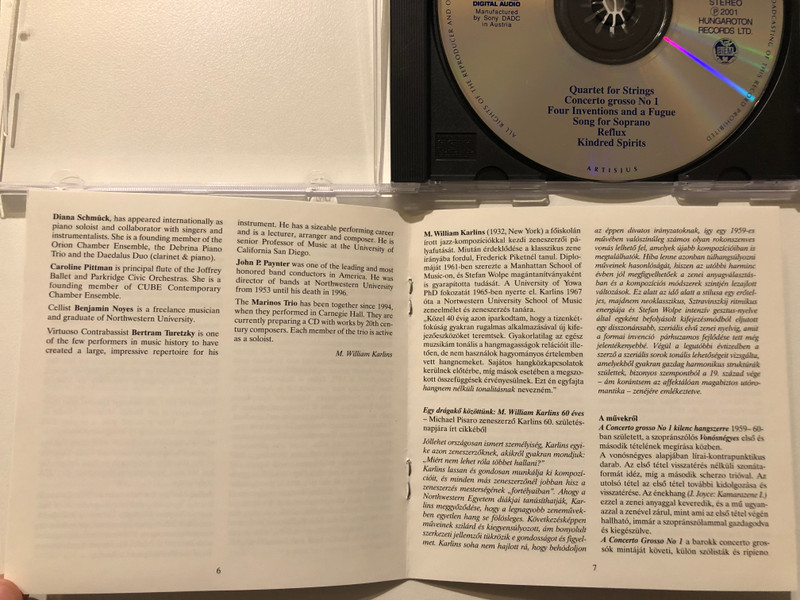 M. William Karlins - Quartet for Strings, Concerto Grosso No 1, Four Inventions and a Fugue, Song for Soprano, Reflux, Kindred Spirits / Hungaroton Classic Audio CD 2001 Stereo / HCD 32037