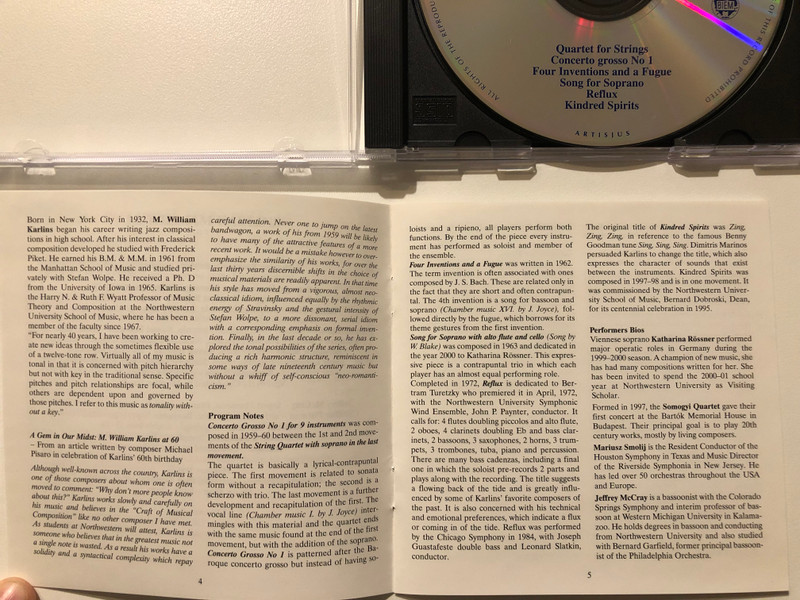 M. William Karlins - Quartet for Strings, Concerto Grosso No 1, Four Inventions and a Fugue, Song for Soprano, Reflux, Kindred Spirits / Hungaroton Classic Audio CD 2001 Stereo / HCD 32037