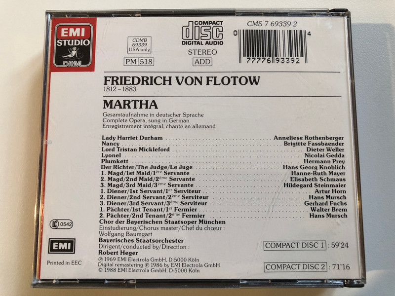 Flotow - Martha / Rothenberger, Fassbaender, Gedda, Prey, Weller, Knoblich, Chor Der Bayerischen Staatsoper München, Bayerisches Staatsorchester, Heger / EMI 2x Audio CD 1988 Stereo / CMS 7 69339 2