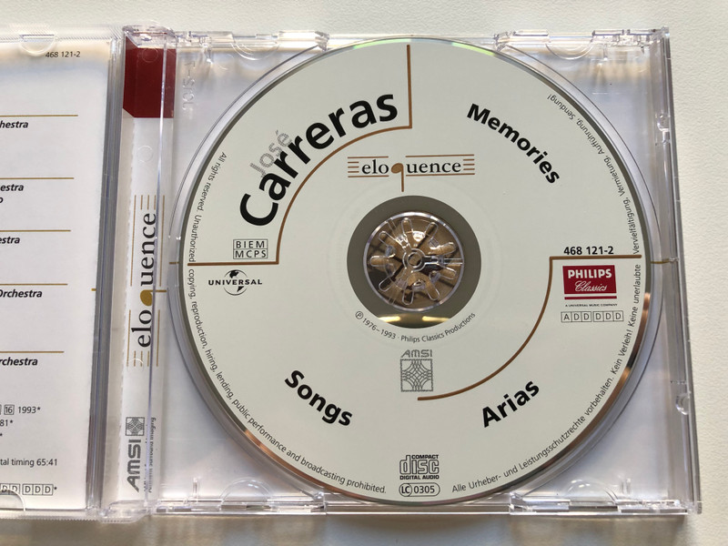 Jose Carreras - Memories / Sir Colin Davis, Vjekoslav Šutej, Robert Farnon and his Orchestra, English Chamber Orchestra, Orchestra of the Royal Opera House, Covent Garden / Philips Classics Audio CD / 468 121-2